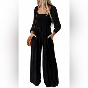 Happy Sailed Black Wide Leg Jumpsuit | Square Neck | Pockets | Size XL
